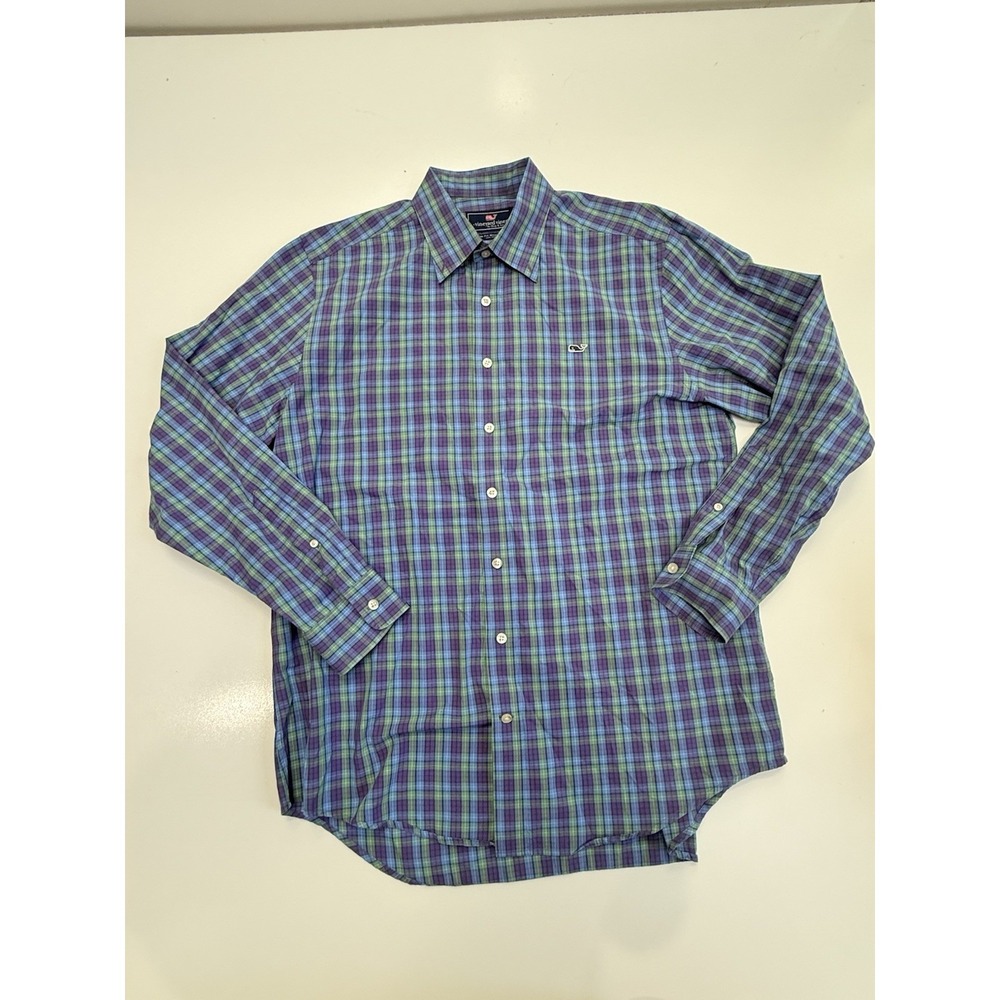 vineyard vines long‎ sleeve dress shirt purple green plaid mens L slim fit